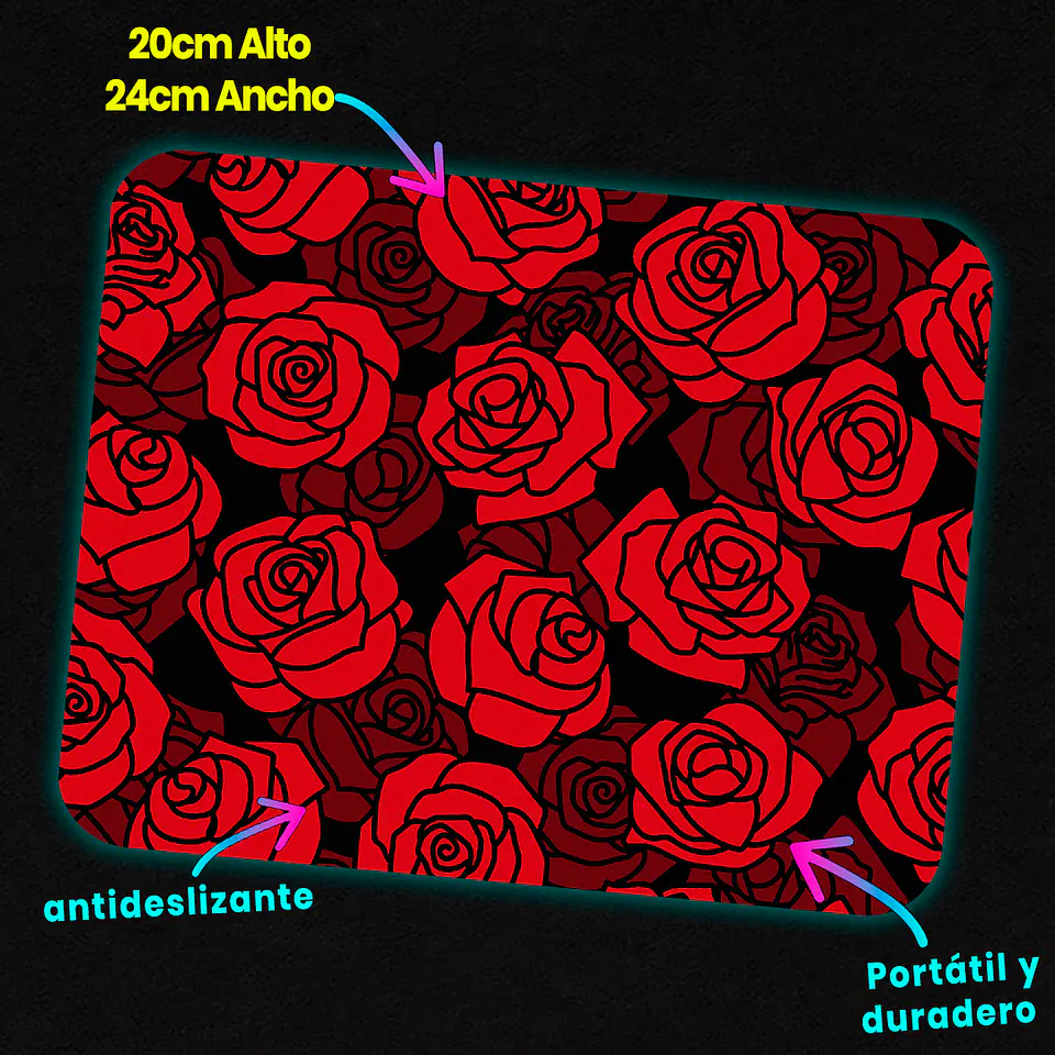 Mousepad 20x24 cm - Diseño Rosas Rojas sobre Fondo Negro 3