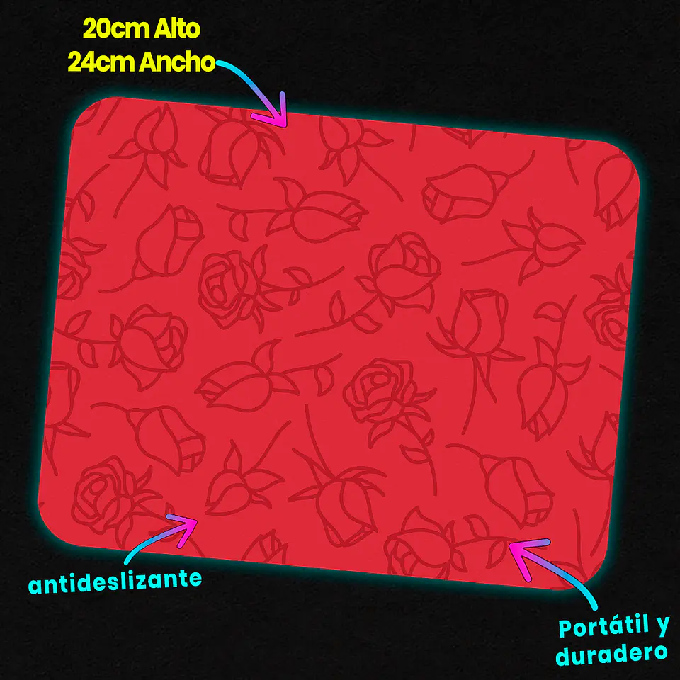 Mousepad 20x24 cm - Diseño Rosas Lineales Fondo Rojo 3