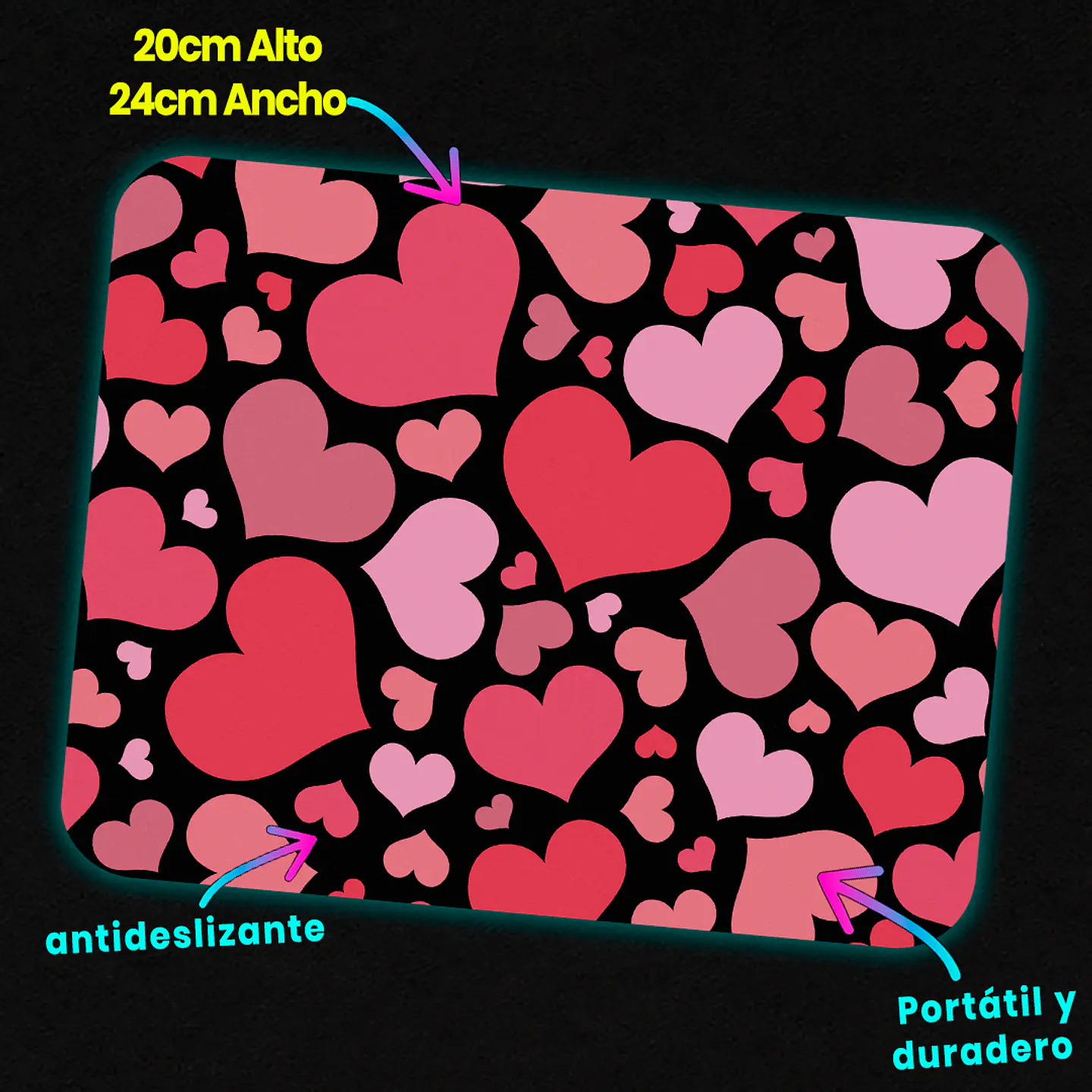 Mousepad 20x24 cm - Diseño Corazones Rosados sobre Fondo Negro 3