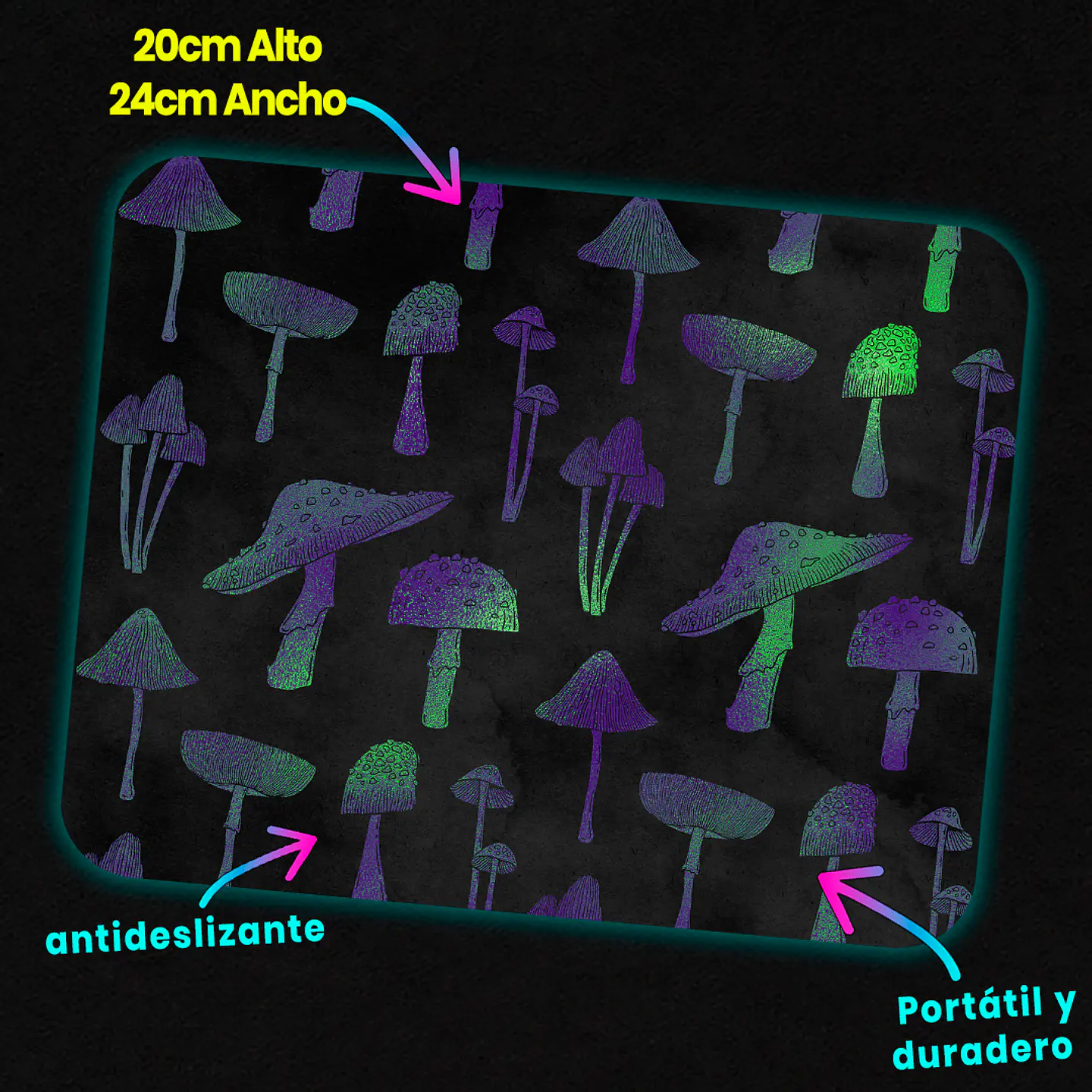 Mousepad 20x24 cm - Diseño Hongos Mágicos Morado y Verde 3