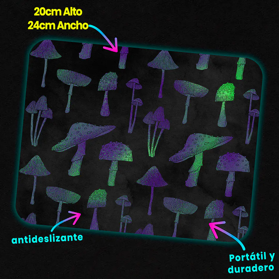 Mousepad 20x24 cm - Diseño Hongos Mágicos Morado y Verde 3