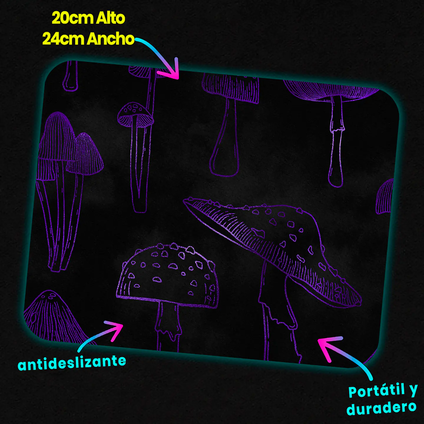 Mousepad 20x24 cm - Diseño Hongos Morados sobre Fondo Negro 3
