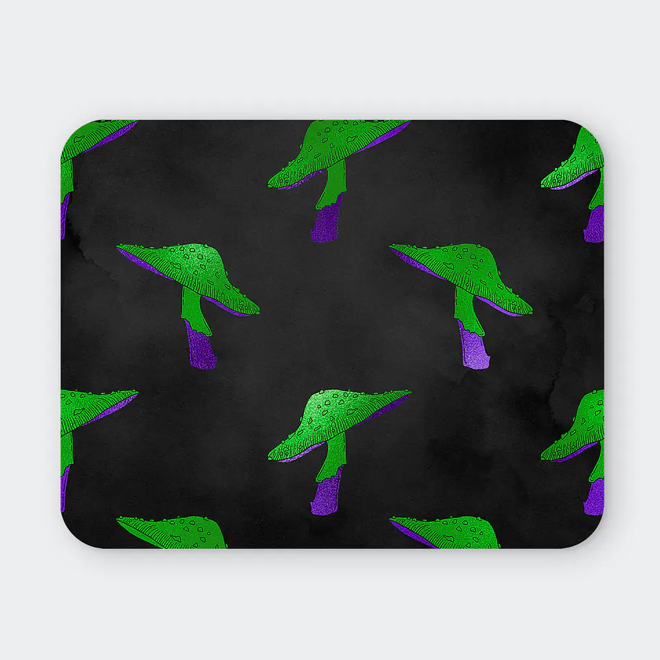 Mousepad 20x24 cm - Diseño Hongos Verdes y Morados Fondo Negro 1