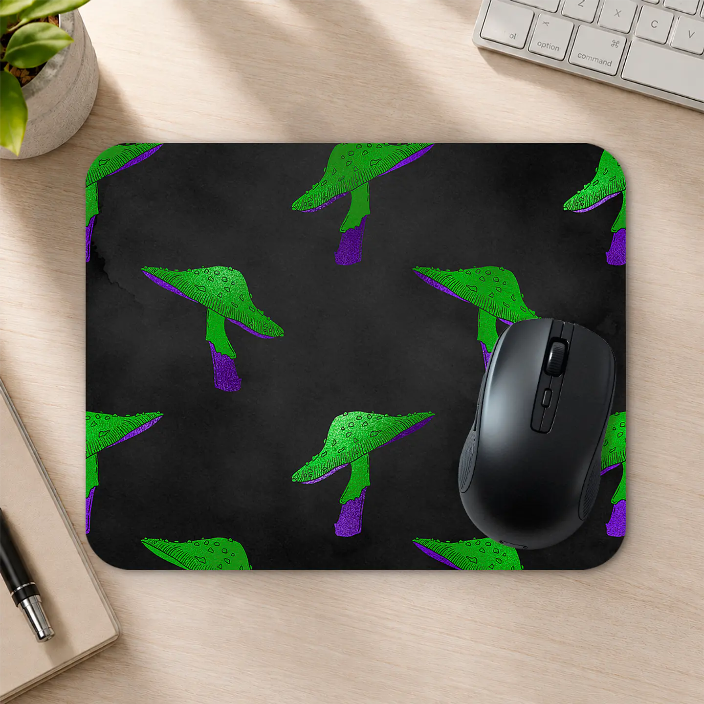 Mousepad 20x24 cm - Diseño Hongos Verdes y Morados Fondo Negro 2
