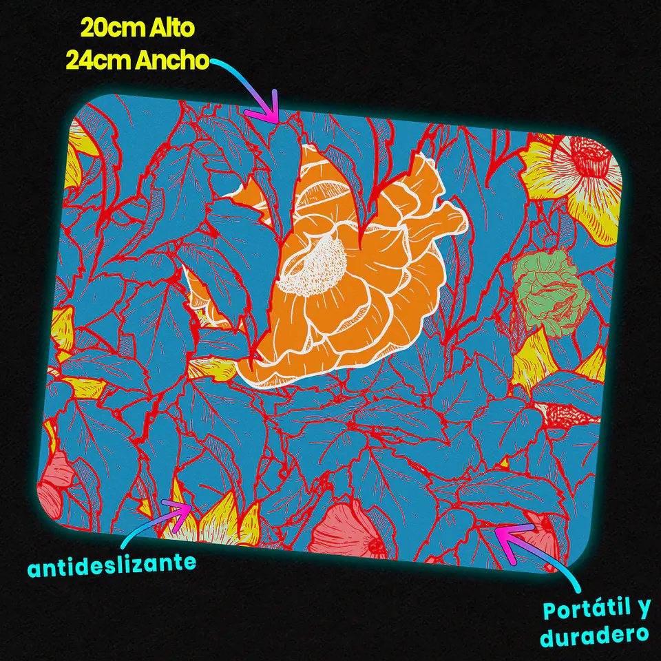 Mousepad 20x24 cm - Diseño Flores Tropicales Azul y Naranjo 3