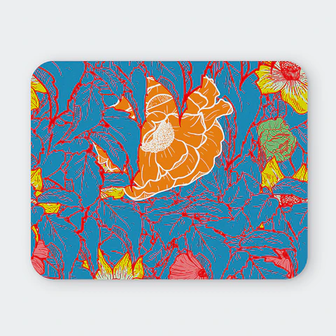 Mousepad 20x24 cm - Diseño Flores Tropicales Azul y Naranjo