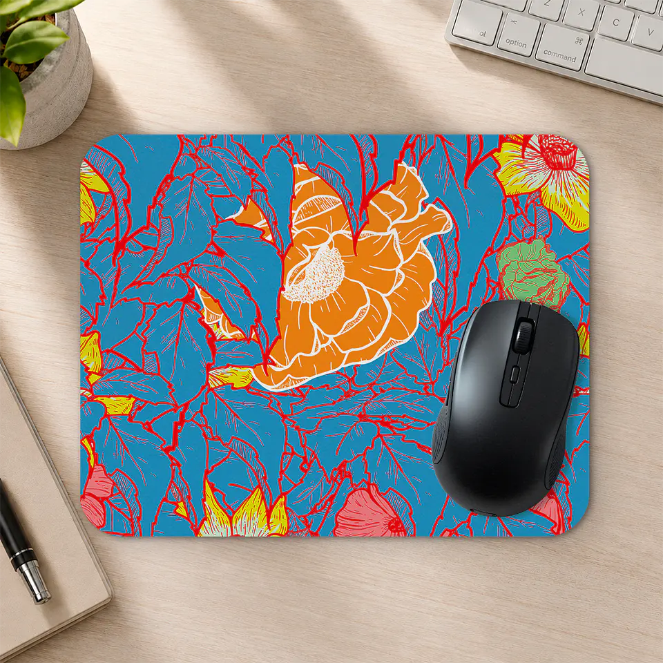 Mousepad 20x24 cm - Diseño Flores Tropicales Azul y Naranjo 2