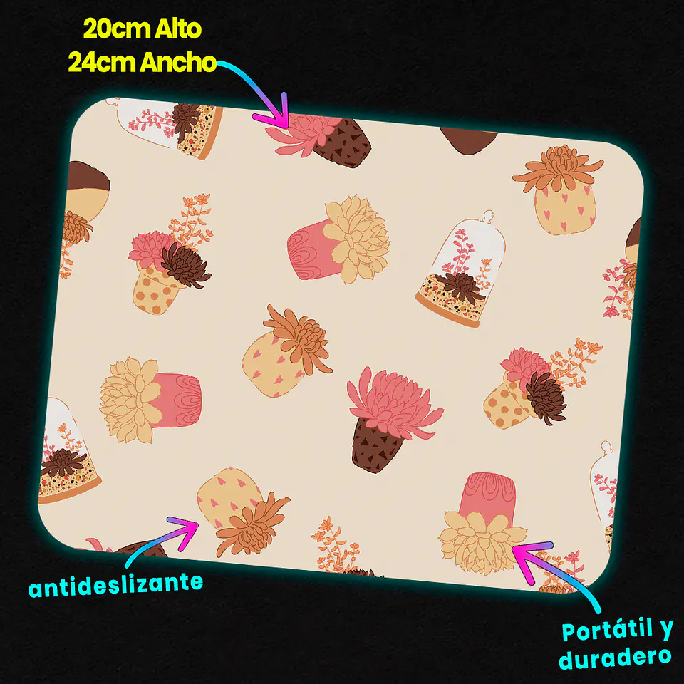 Mousepad 20x24 cm - Diseño Suculentas y Maceteros Pastel 3
