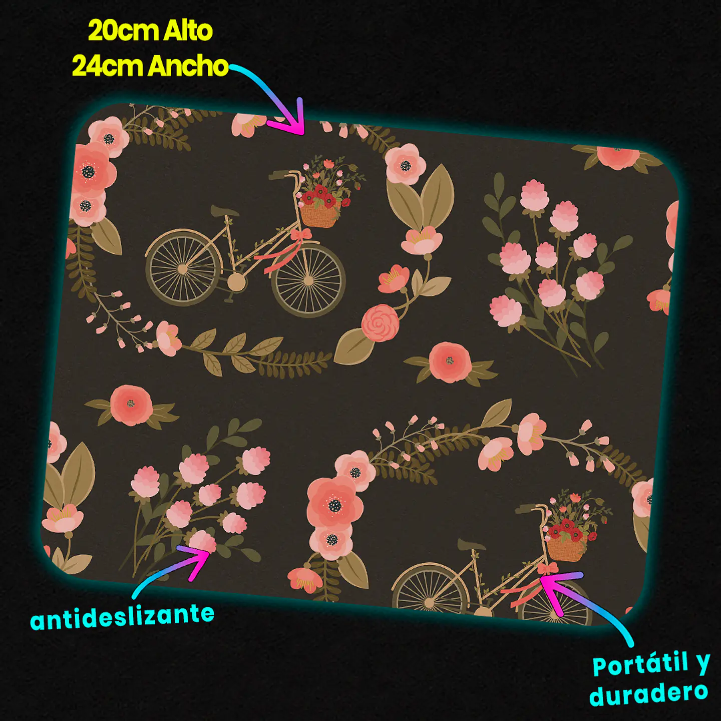 Mousepad 20x24 cm - Diseño Bicicleta con Flores Vintage 3