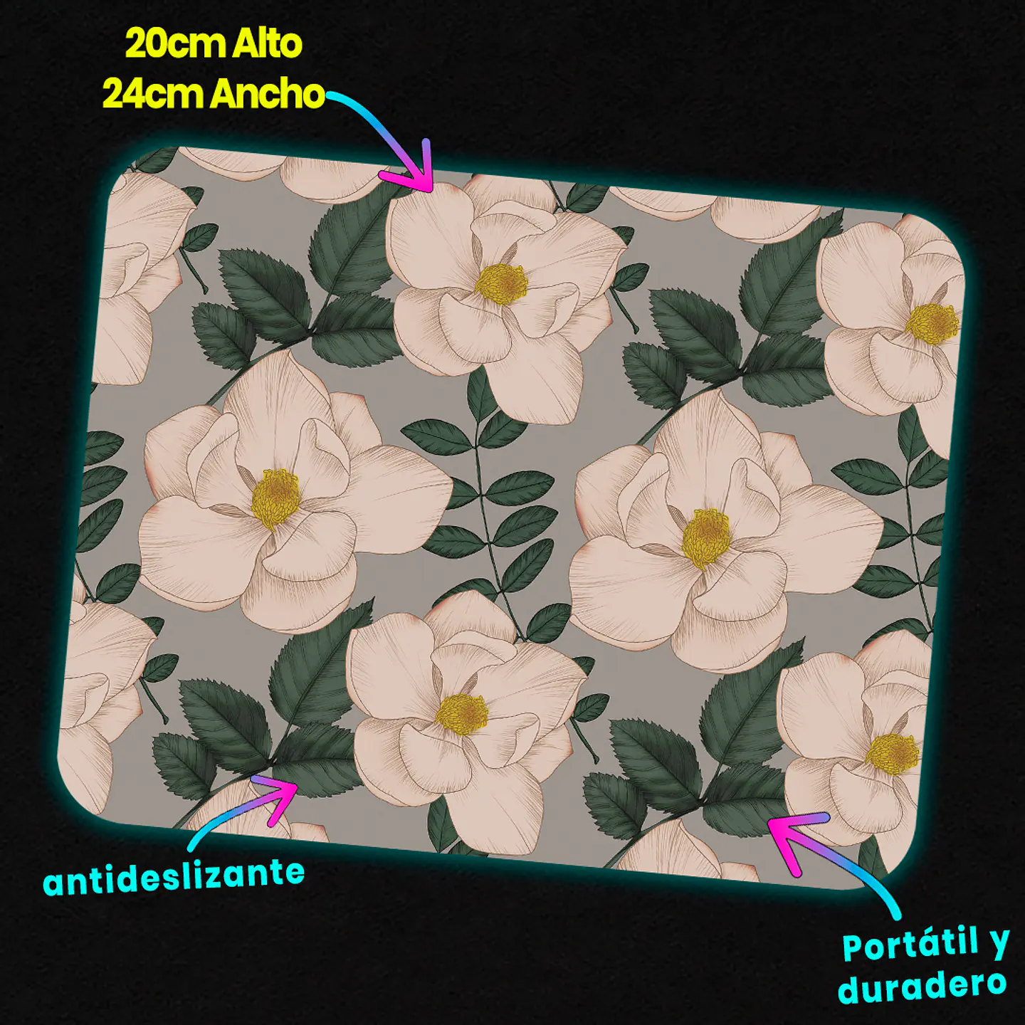 Mousepad 20x24 cm - Diseño Flores Magnolia Beige y Verde 3