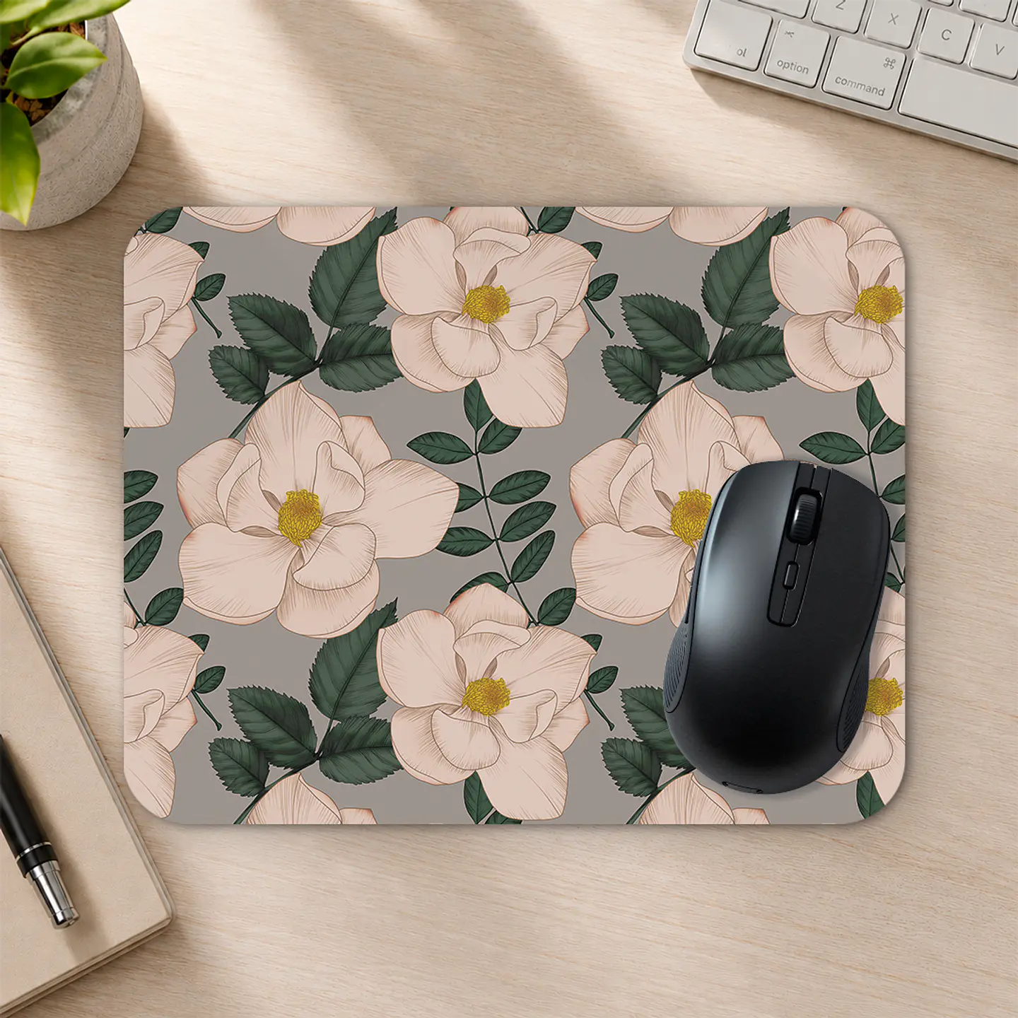 Mousepad 20x24 cm - Diseño Flores Magnolia Beige y Verde 2