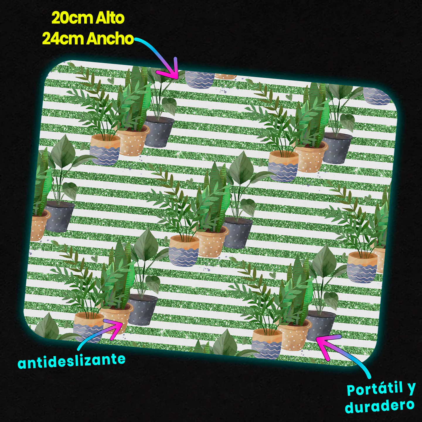 Mousepad 20x24 cm - Diseño Plantas en Maceteros con Rayas Verdes 3