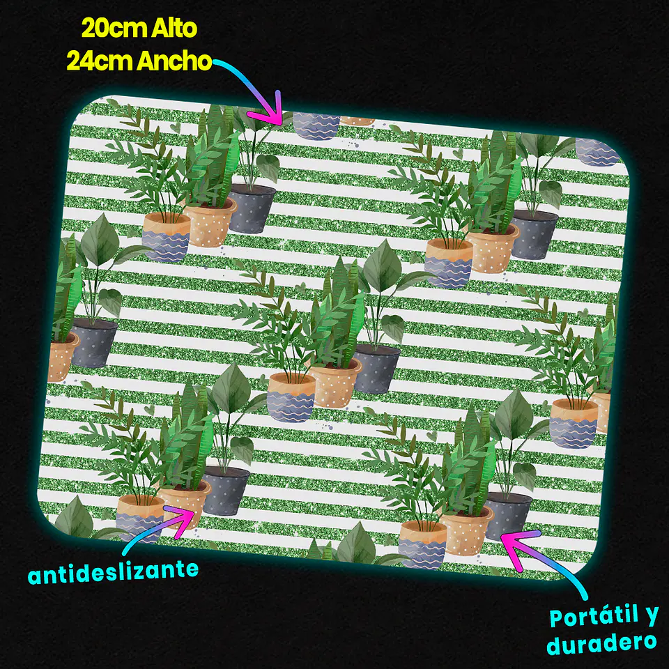 Mousepad 20x24 cm - Diseño Plantas en Maceteros con Rayas Verdes 3