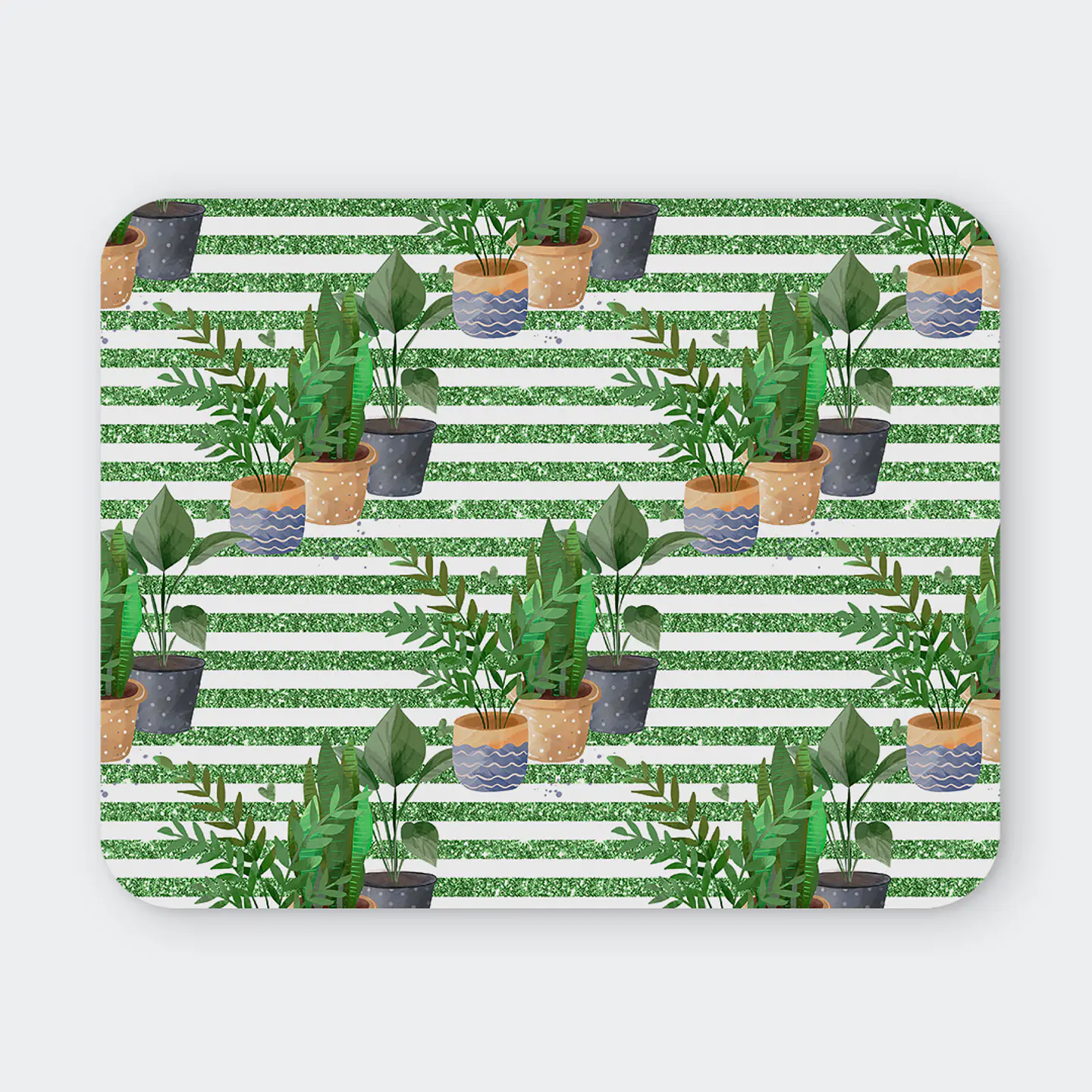 Mousepad 20x24 cm - Diseño Plantas en Maceteros con Rayas Verdes 1