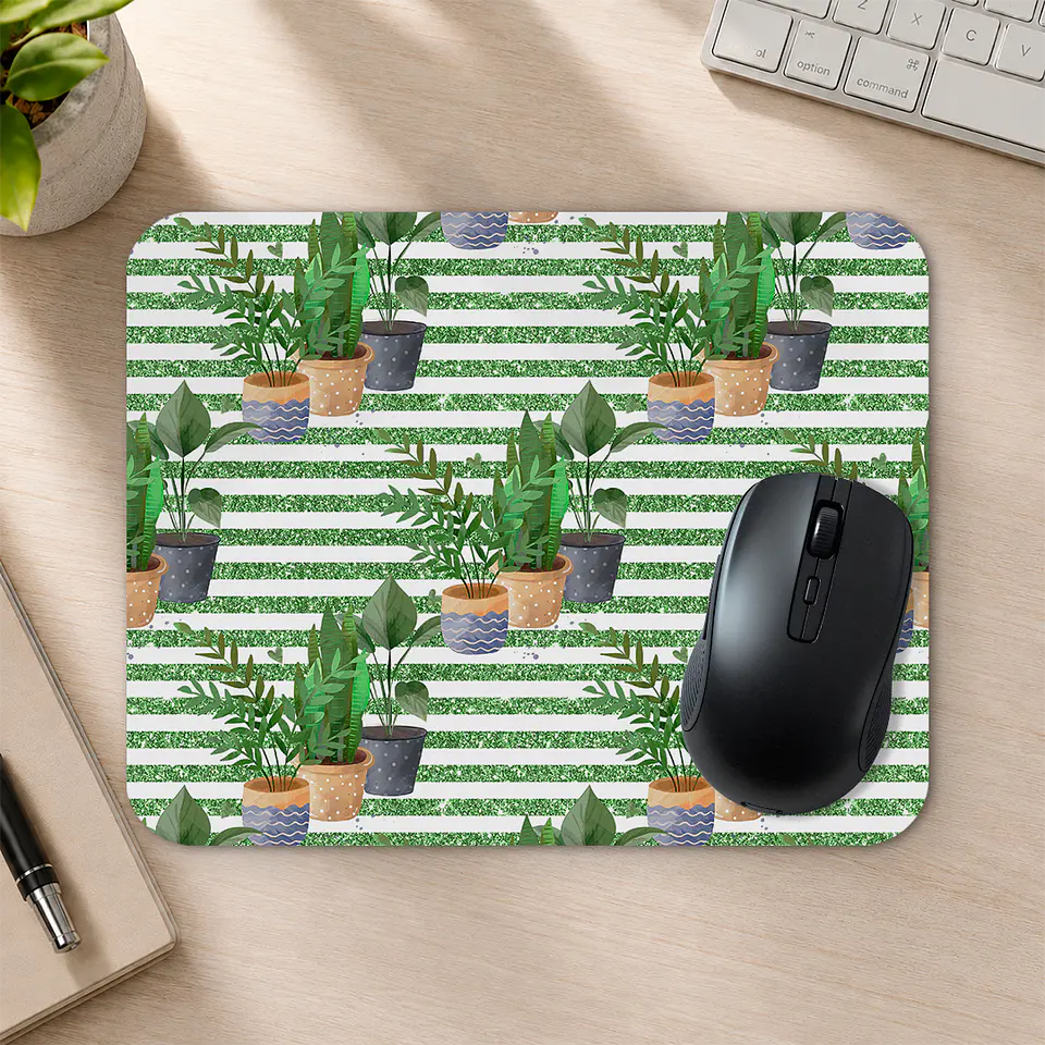 Mousepad 20x24 cm - Diseño Plantas en Maceteros con Rayas Verdes 2