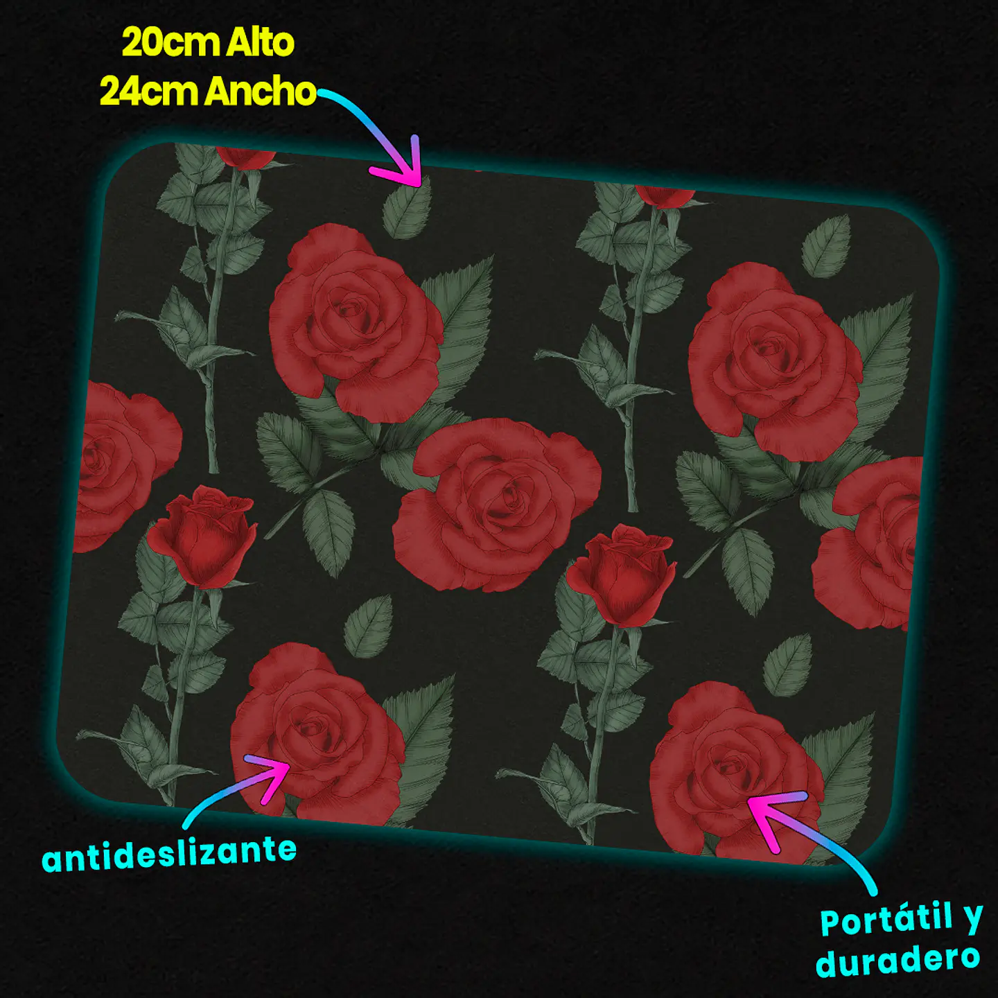 Mousepad 20x24 cm - Diseño Rosas Rojas Realistas sobre Fondo Negro 3