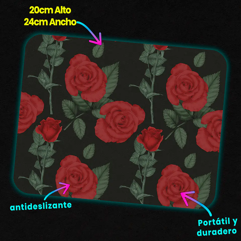 Mousepad 20x24 cm - Diseño Rosas Rojas Realistas sobre Fondo Negro 3
