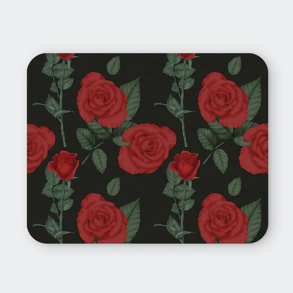 Mousepad 20x24 cm - Diseño Rosas Rojas Realistas sobre Fondo Negro 1