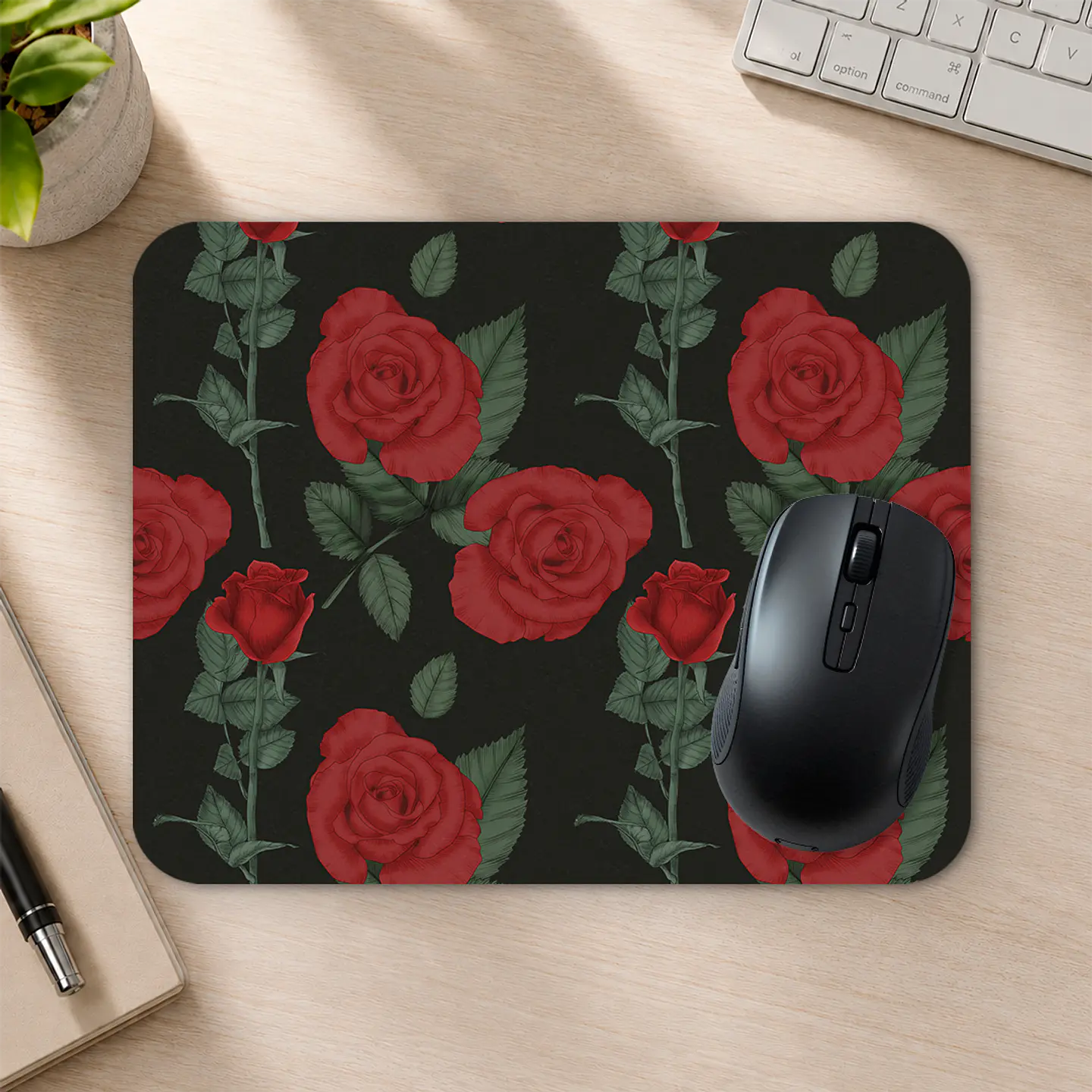 Mousepad 20x24 cm - Diseño Rosas Rojas Realistas sobre Fondo Negro 2