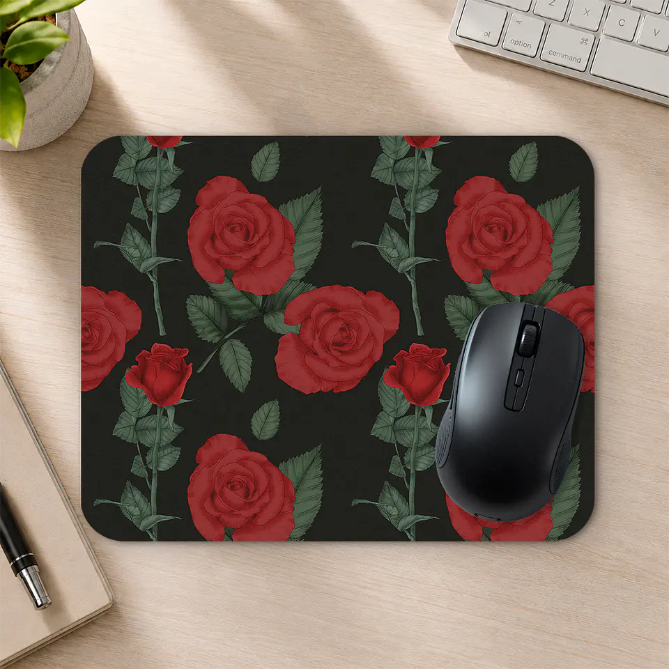 Mousepad 20x24 cm - Diseño Rosas Rojas Realistas sobre Fondo Negro 2