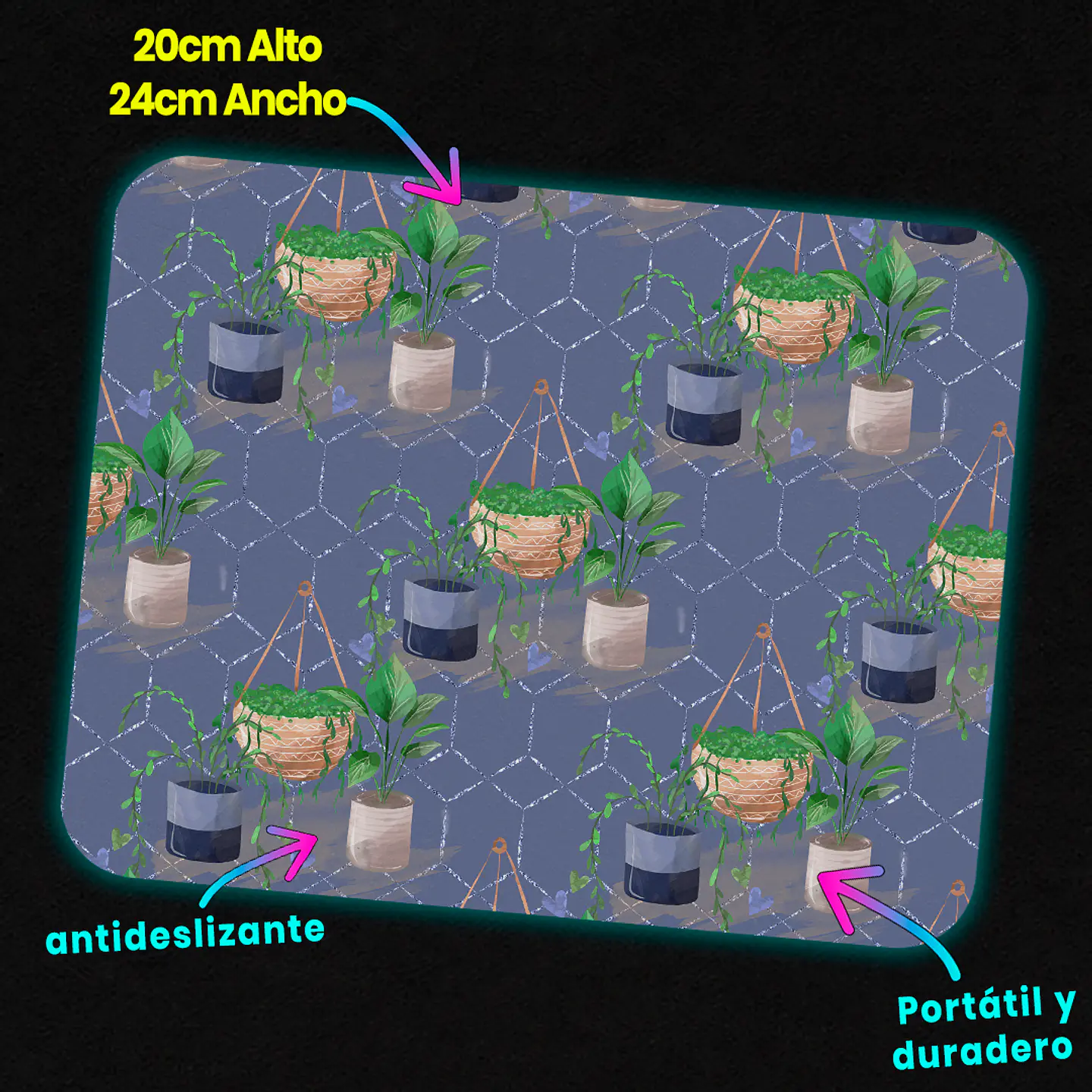Mousepad 20x24 cm - Diseño Plantas Colgantes Fondo Azul 3