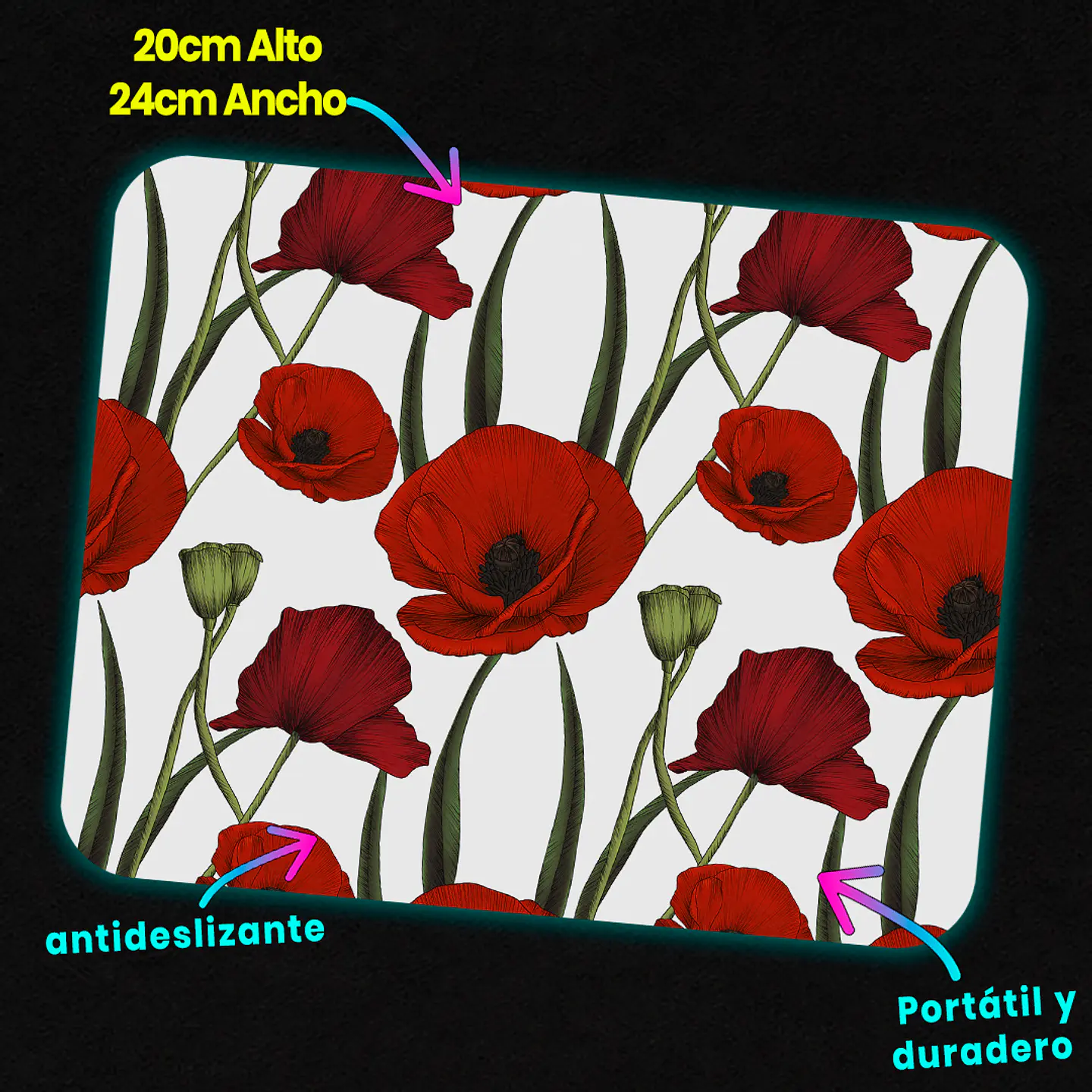 Mousepad 20x24 cm - Diseño Amapolas Rojas sobre Fondo Blanco 3