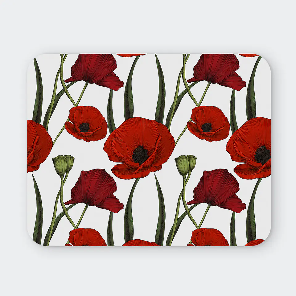 Mousepad 20x24 cm - Diseño Amapolas Rojas sobre Fondo Blanco 1
