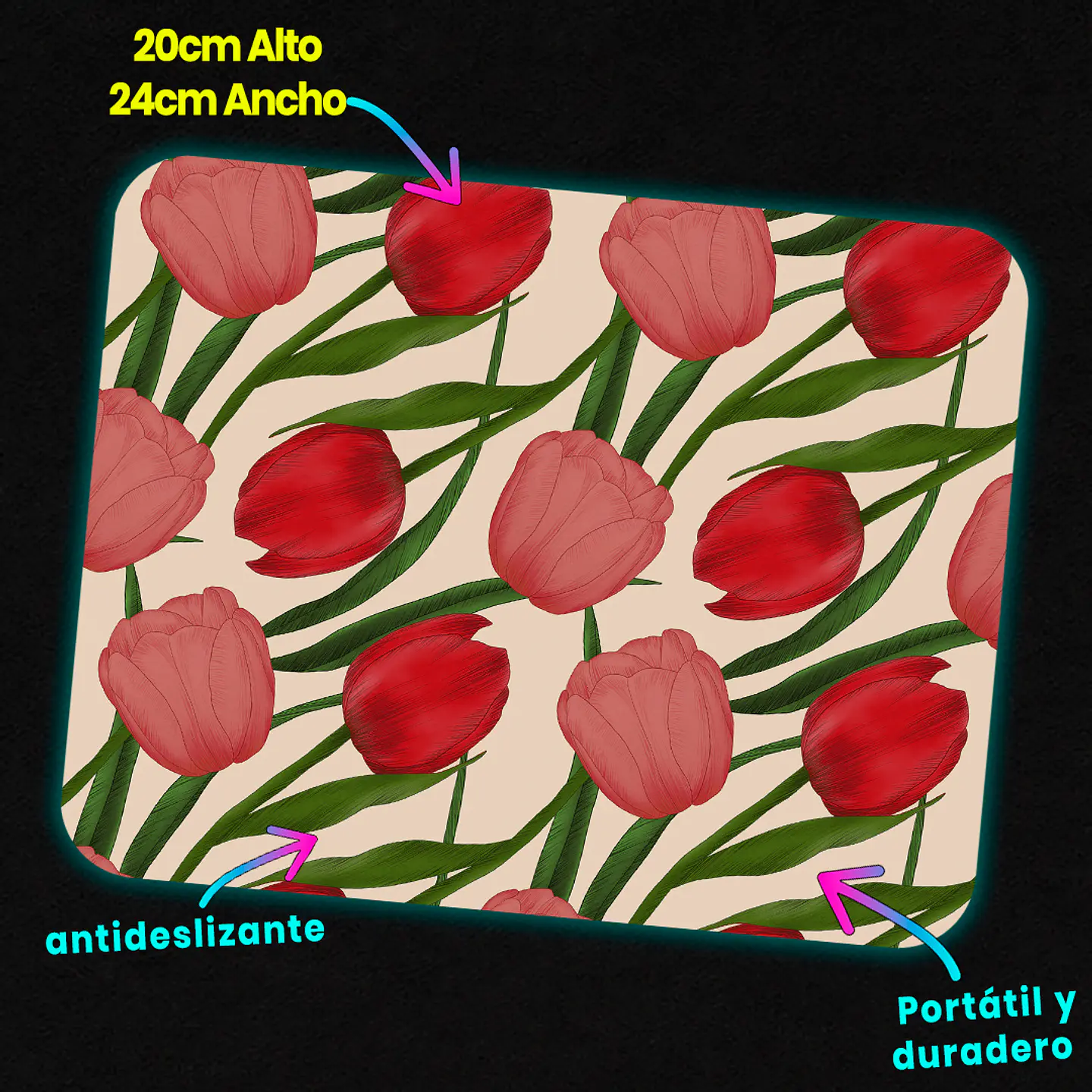 Mousepad 20x24 cm - Diseño Tulipanes Rojos y Rosados 3