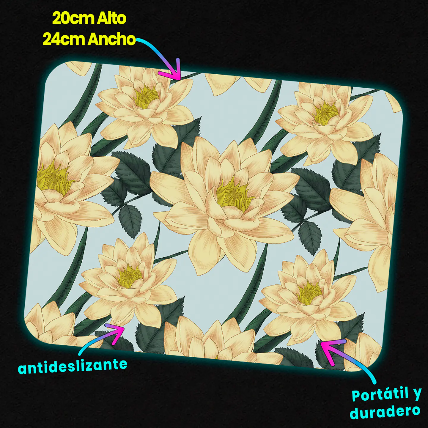 Mousepad 20x24 cm - Diseño Flores de Loto Beige sobre Fondo Celeste 3