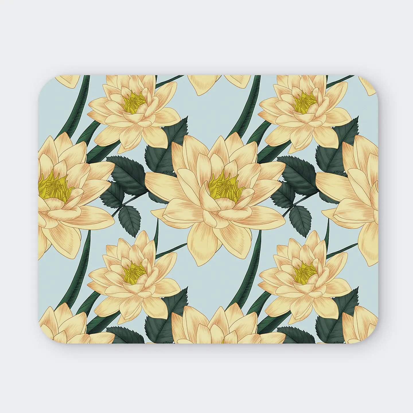 Mousepad 20x24 cm - Diseño Flores de Loto Beige sobre Fondo Celeste 1
