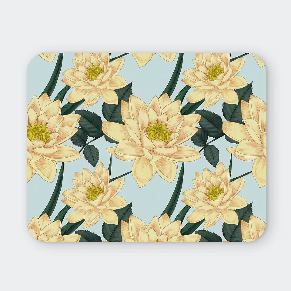 Mousepad 20x24 cm - Diseño Flores de Loto Beige sobre Fondo Celeste 1