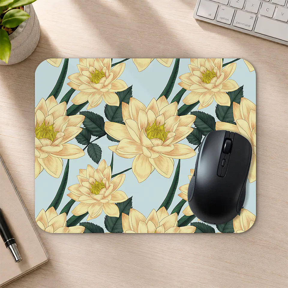 Mousepad 20x24 cm - Diseño Flores de Loto Beige sobre Fondo Celeste 2