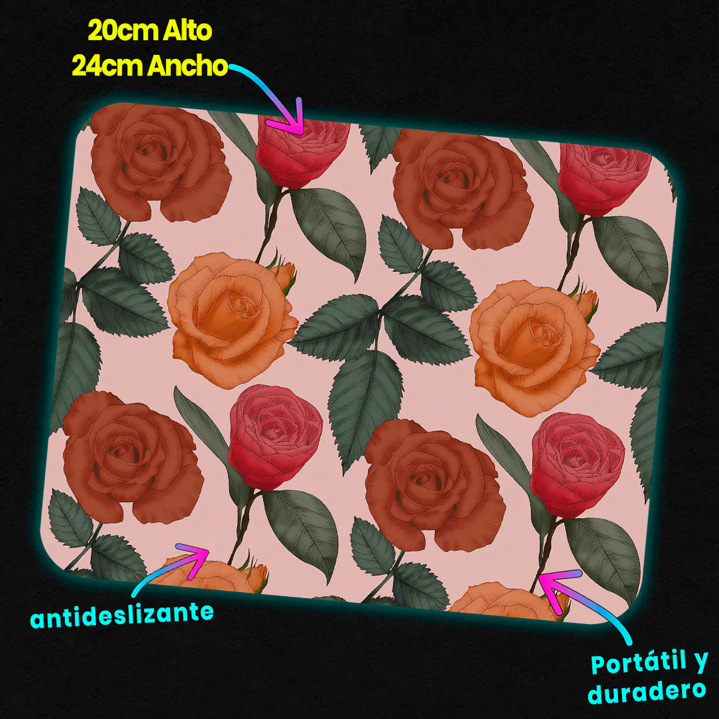 Mousepad 20x24 cm - Diseño Rosas Terracota sobre Fondo Rosado 3