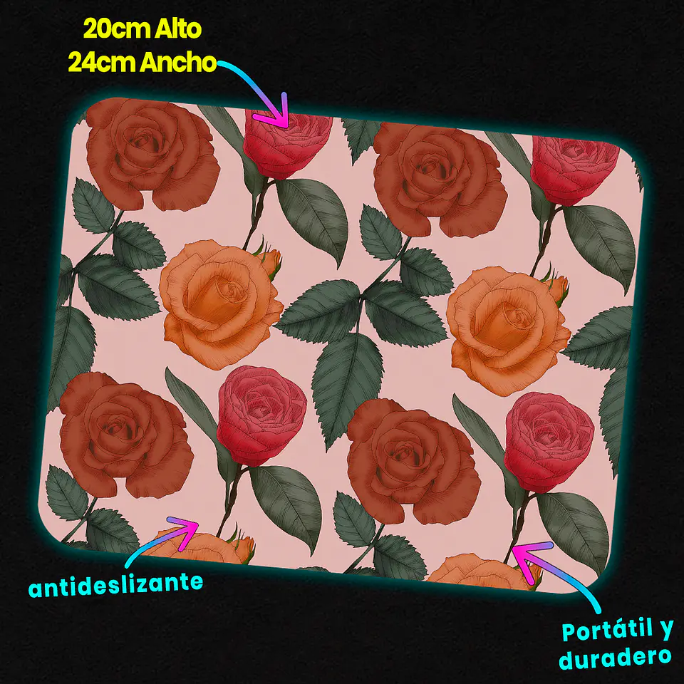 Mousepad 20x24 cm - Diseño Rosas Terracota sobre Fondo Rosado 3