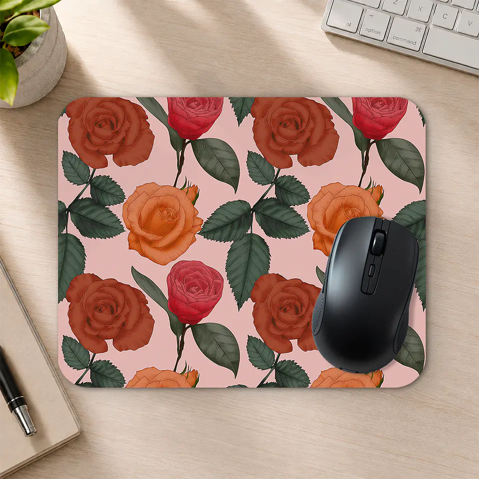 Mousepad 20x24 cm - Diseño Rosas Terracota sobre Fondo Rosado 2