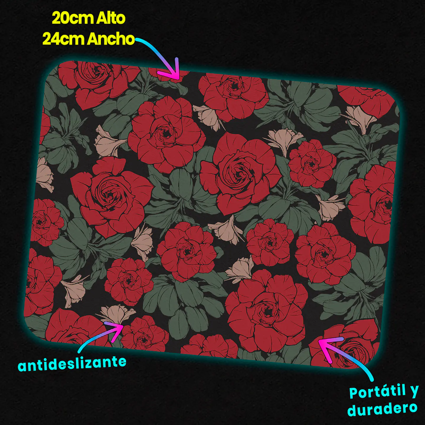 Mousepad 20x24 cm - Diseño Rosas Rojas sobre Fondo Oscuro 3