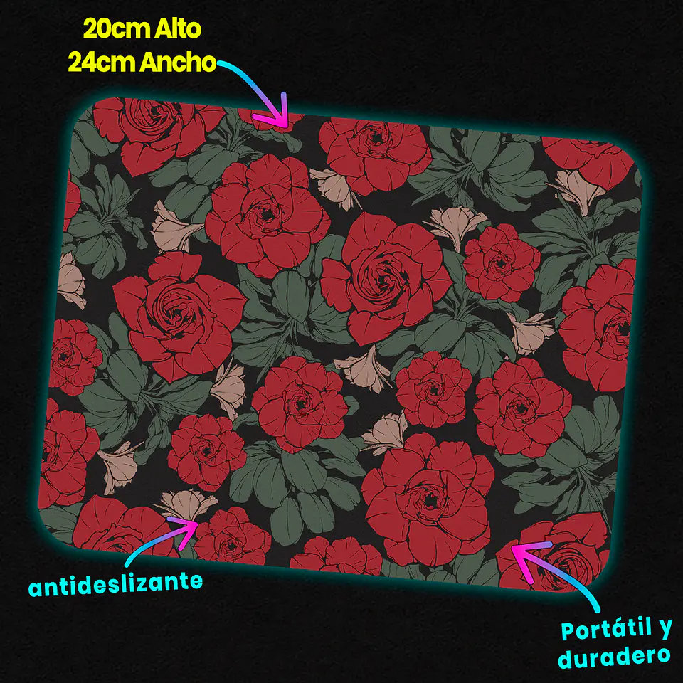 Mousepad 20x24 cm - Diseño Rosas Rojas sobre Fondo Oscuro 3
