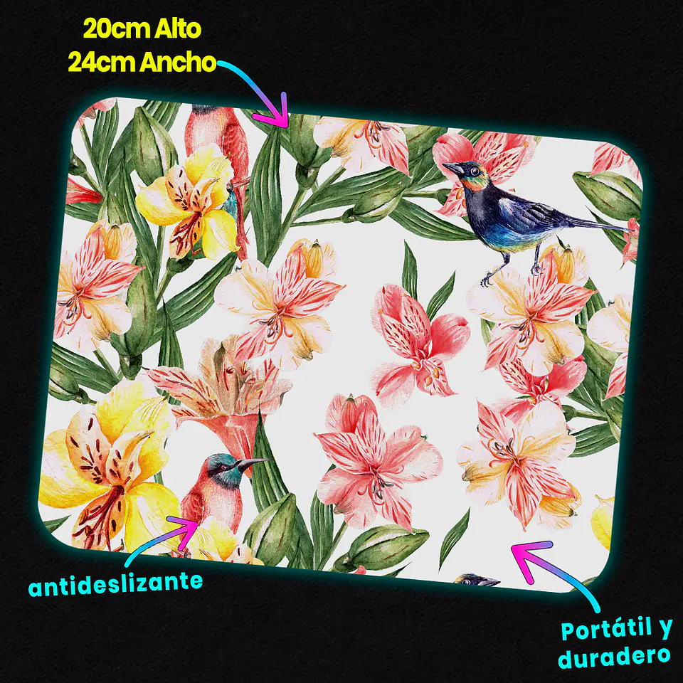 Mousepad 20x24 cm - Diseño Flores Tropicales con Pájaros 3