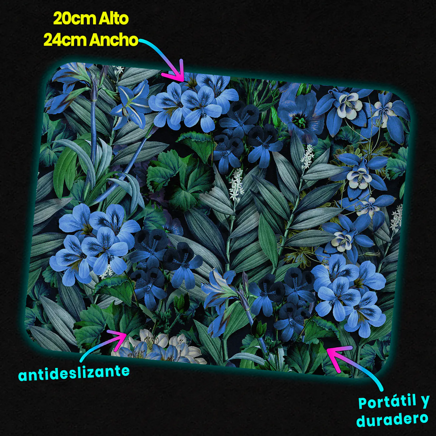Mousepad 20x24 cm - Diseño Flores Azules Fondo Oscuro 3
