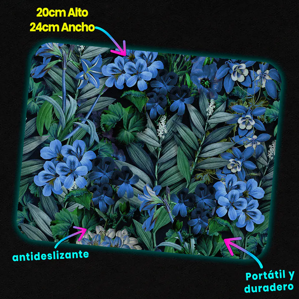 Mousepad 20x24 cm - Diseño Flores Azules Fondo Oscuro 3