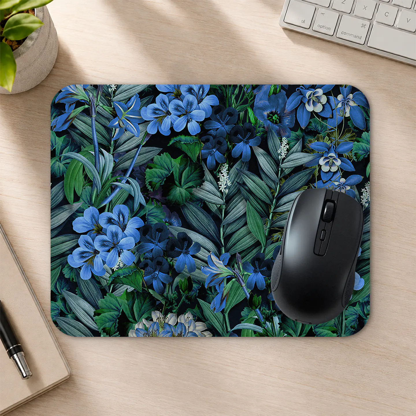 Mousepad 20x24 cm - Diseño Flores Azules Fondo Oscuro 2