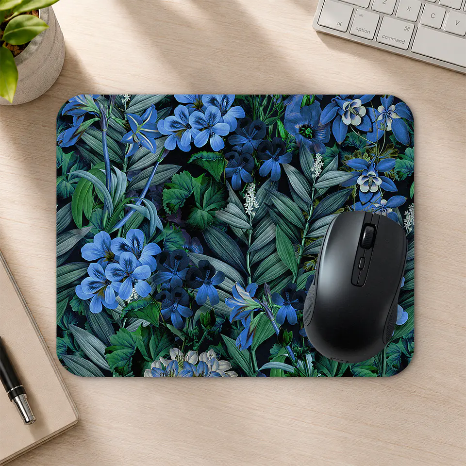 Mousepad 20x24 cm - Diseño Flores Azules Fondo Oscuro 2