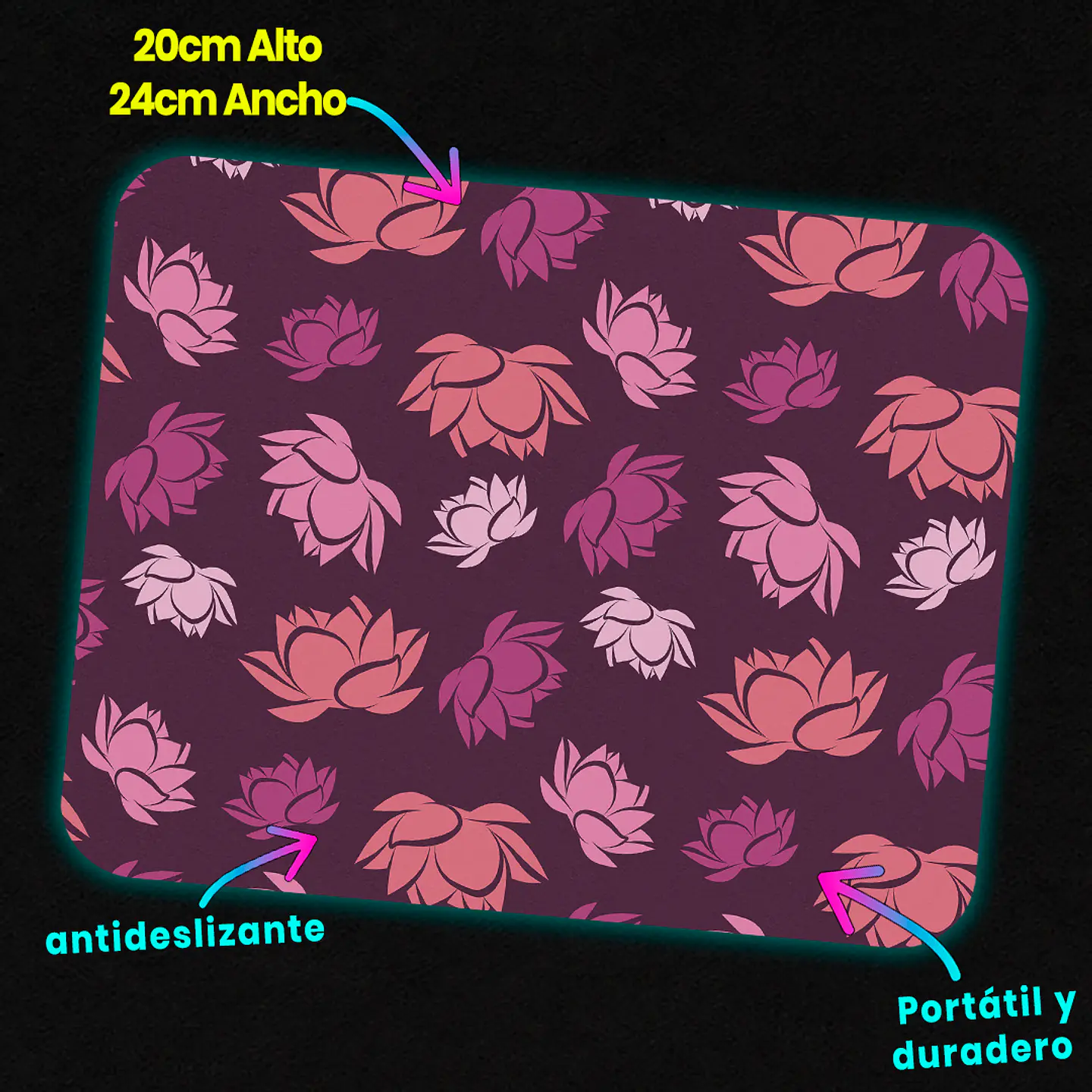 Mousepad 20x24 cm - Diseño Flores de Loto Rosadas Fondo Morado 3