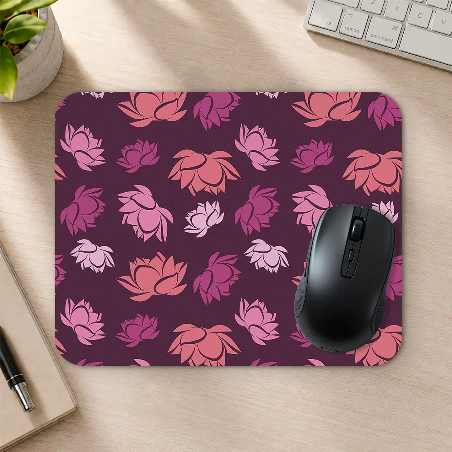 Mousepad 20x24 cm - Diseño Flores de Loto Rosadas Fondo Morado 2