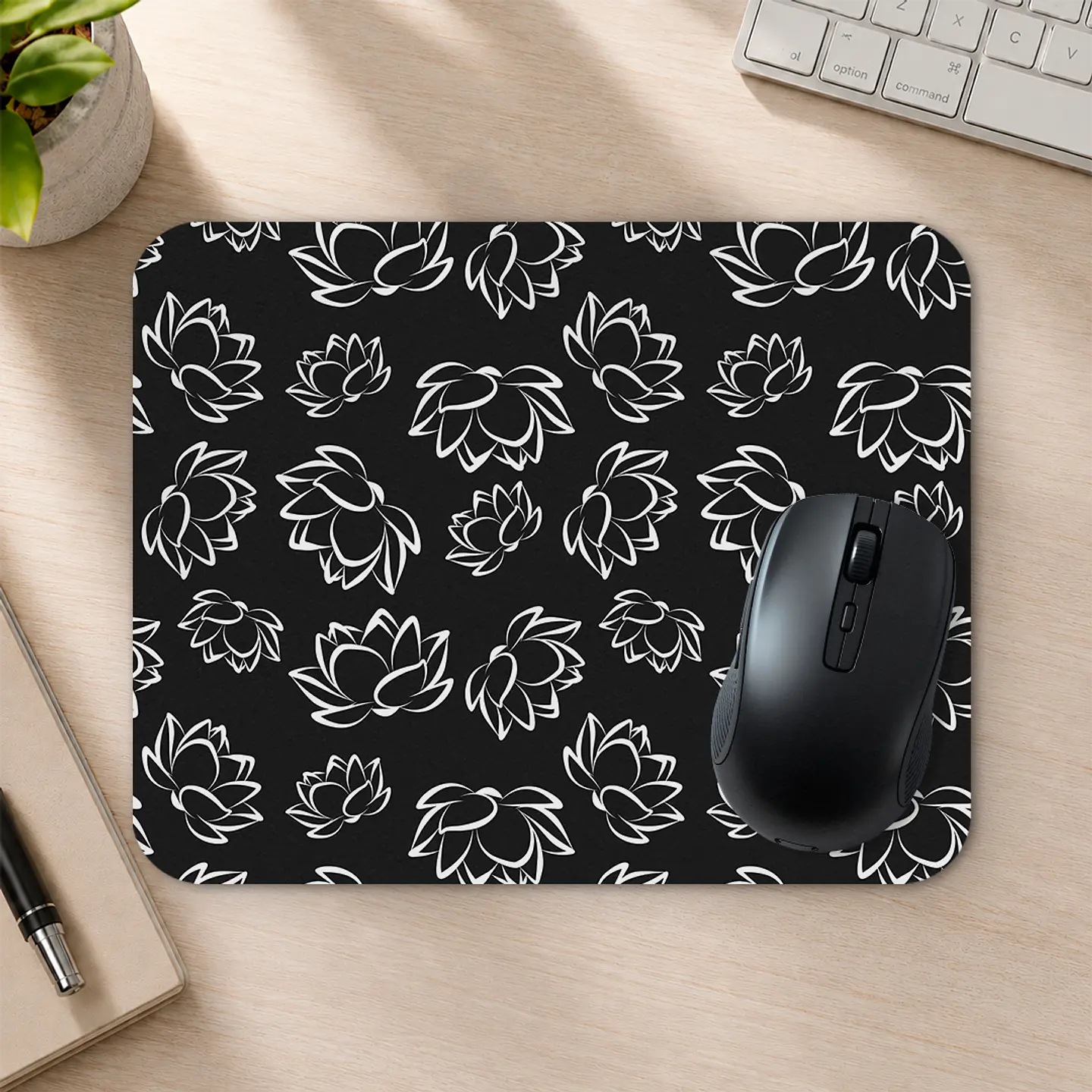 Mousepad 20x24 cm - Diseño Flores de Loto Blancas Fondo Negro 2