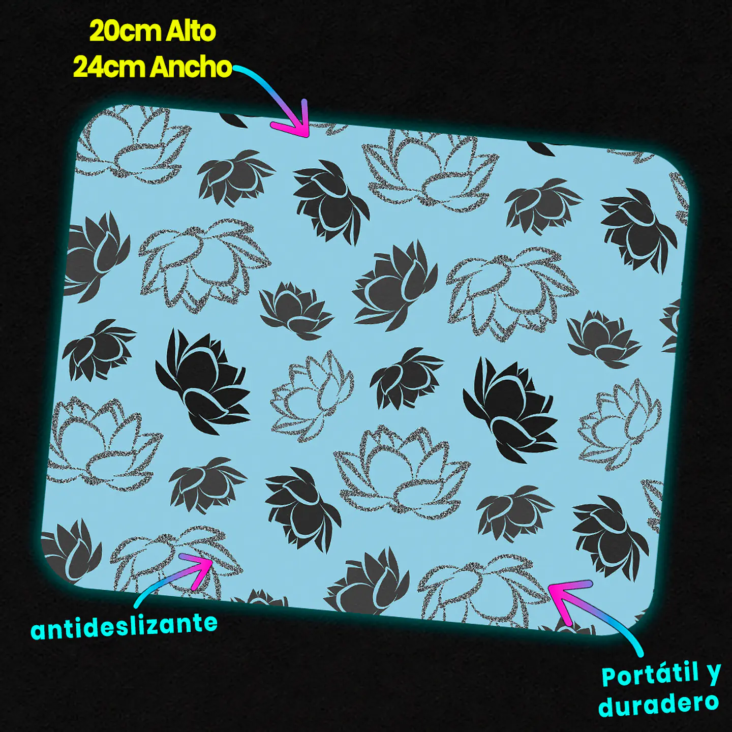 Mousepad 20x24 cm - Diseño Flores de Loto Negras Fondo Celeste 3