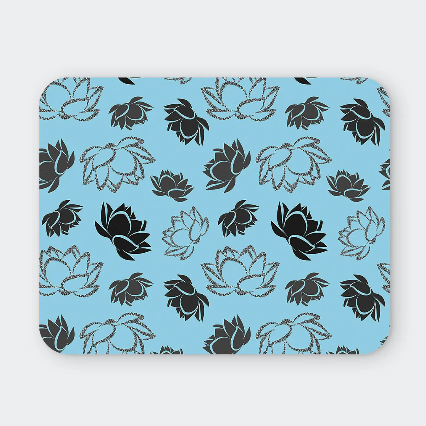 Mousepad 20x24 cm - Diseño Flores de Loto Negras Fondo Celeste 1