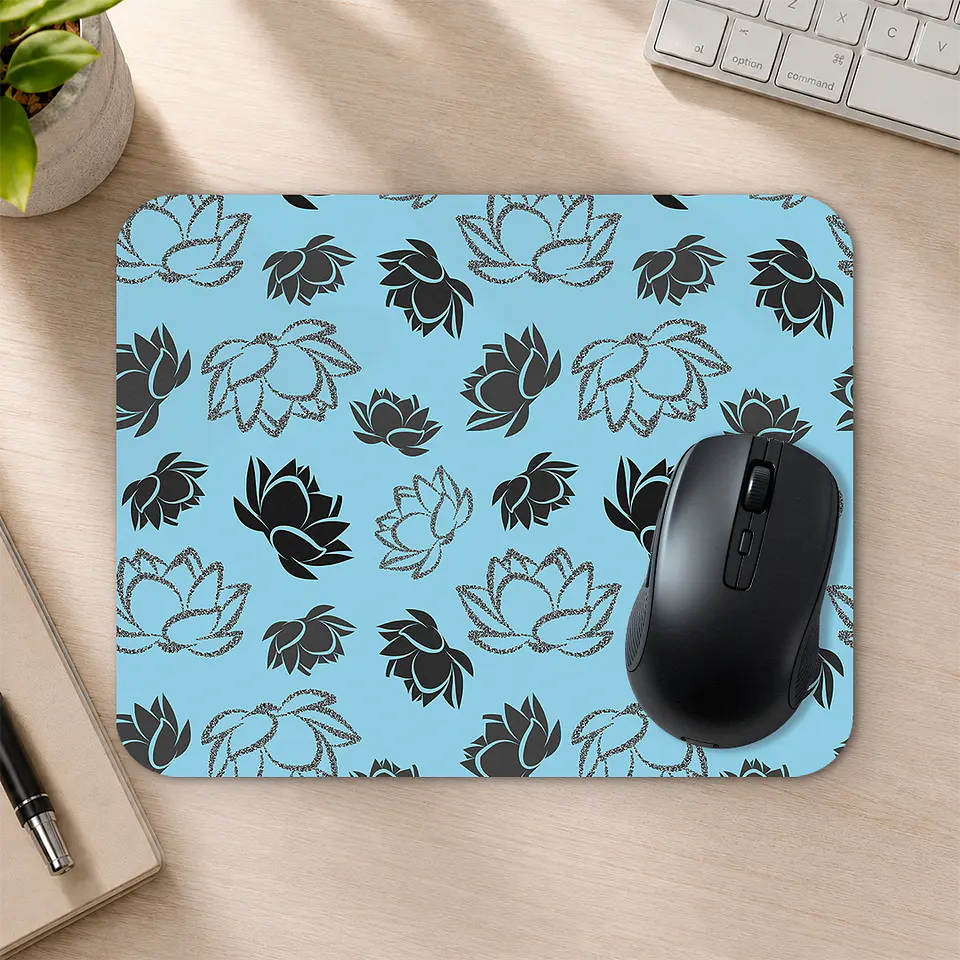 Mousepad 20x24 cm - Diseño Flores de Loto Negras Fondo Celeste 2