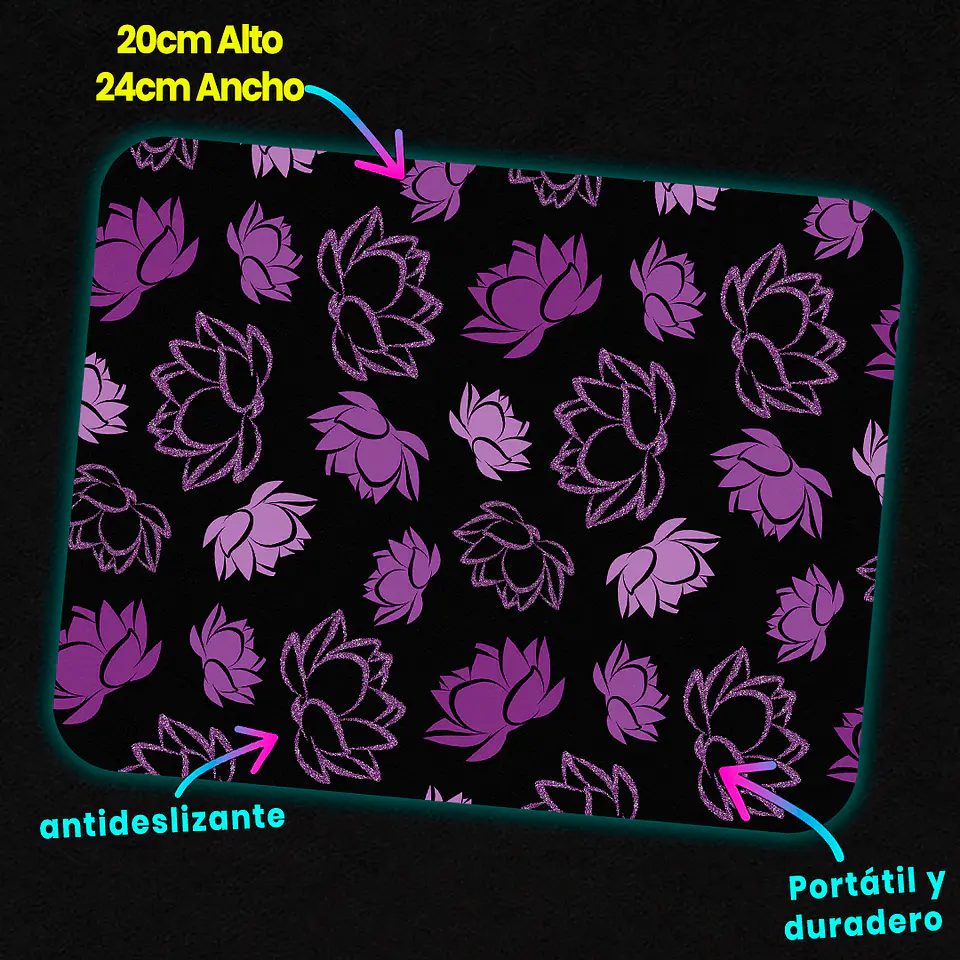 Mousepad 20x24 cm - Diseño Flores de Loto Moradas Fondo Negro 3