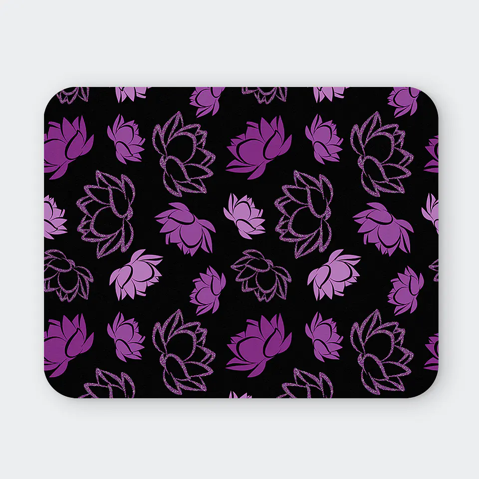 Mousepad 20x24 cm - Diseño Flores de Loto Moradas Fondo Negro 1